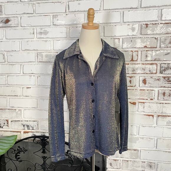 Vintage 90s Slightly Sheer Blue Gold Iridescent Button Down Long Sleeve Top - Picture 2 of 11